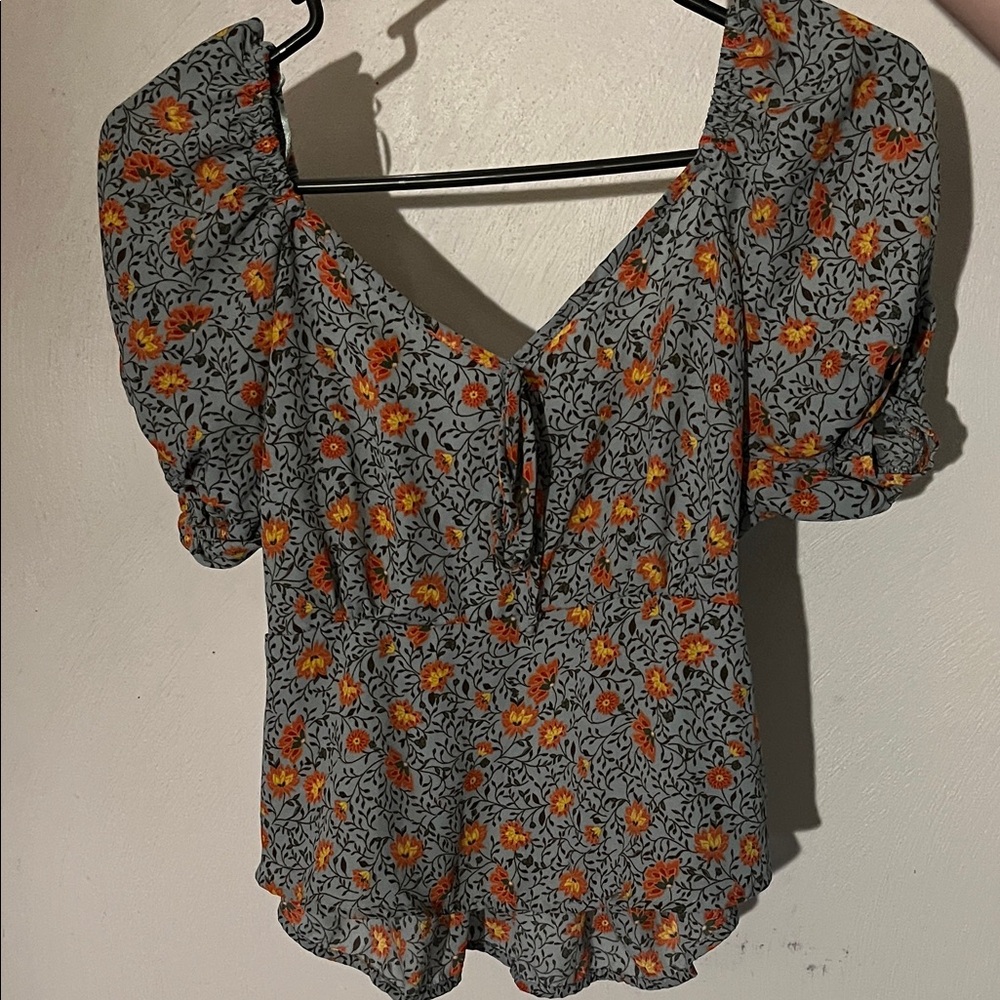 Floral Puff Sleeve Top - light blue and Orange